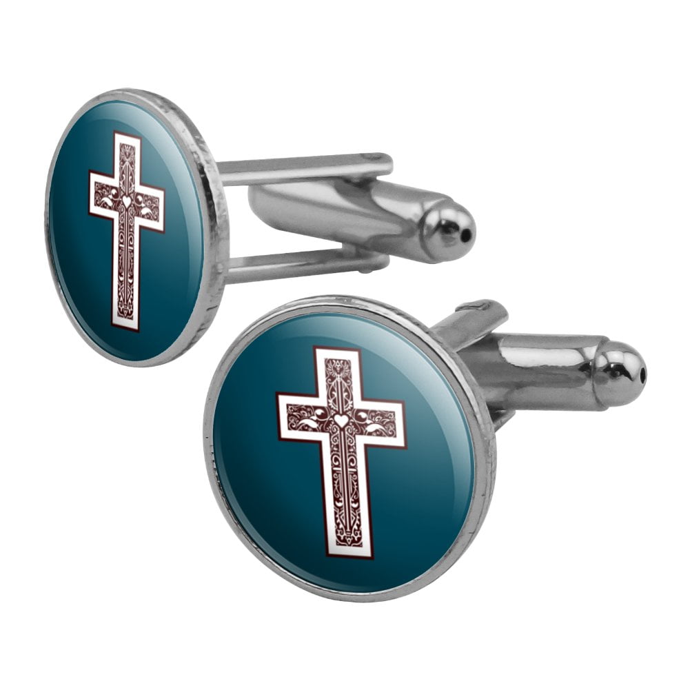 Cross with Heart Christianity Round Cufflink Set Silver Color