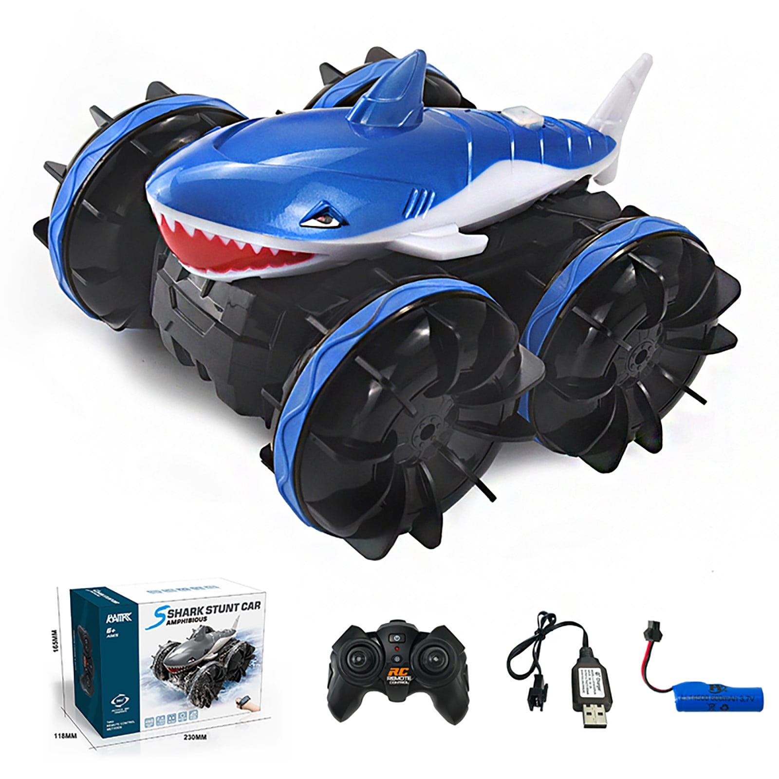 Blue Rc Stunt Car That Runs On Both Terrain And Water With Rechargeable Battery And Rubber Tires