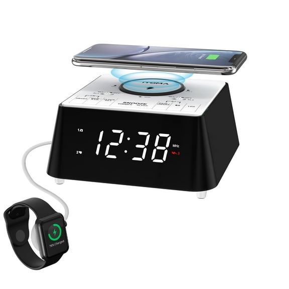 Alarm Clock with Wireless Charging, Clock Radio with Bluetooth Speaker, Dual Alarm with Snooze, USB Charging, Night Light and Dimmable Display iTOMA