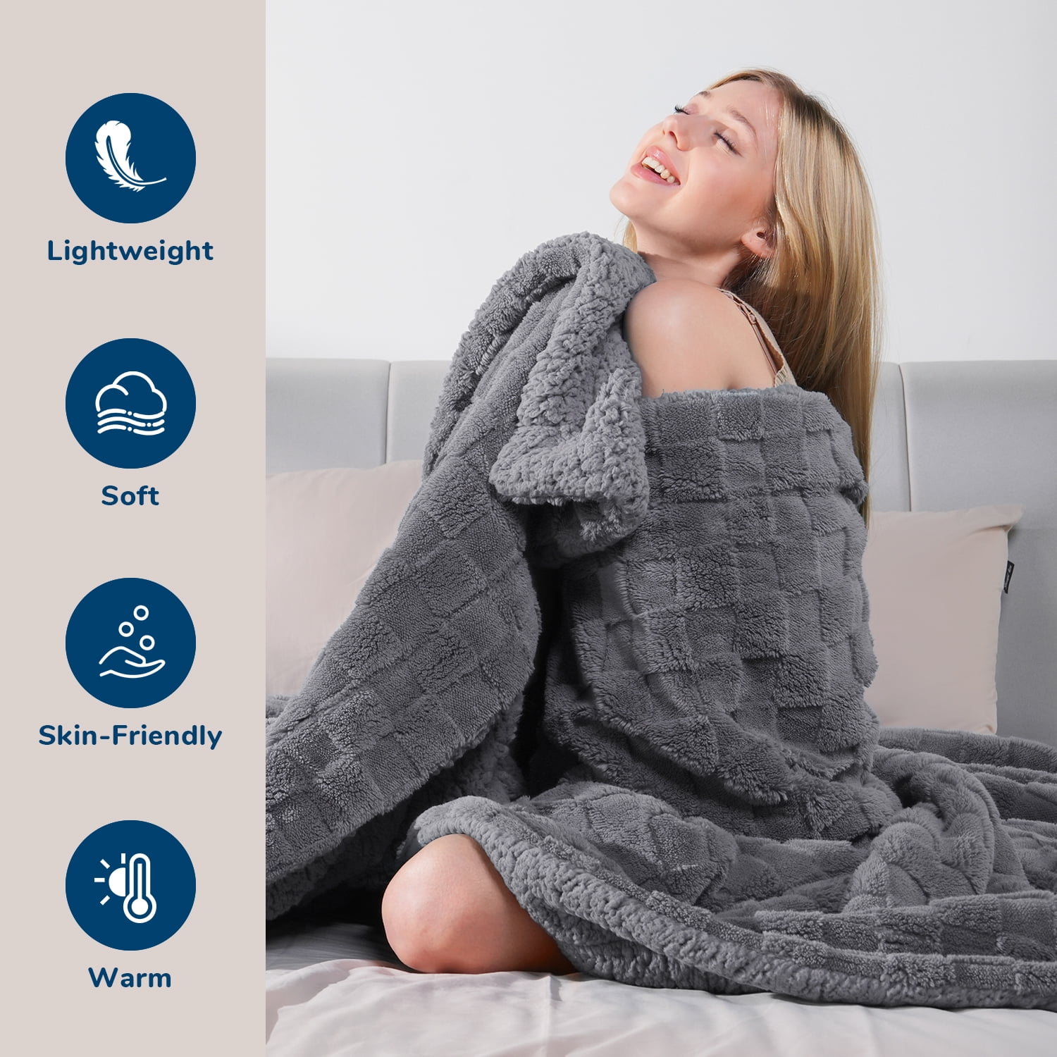 Anjee 90" x 108"  Sherpa Fleece Reversible Checkered Throw Blanket, All Season Queen Size Bed Blankets for Couch Sofa Bed, Ideal Gift for Friends, Gray