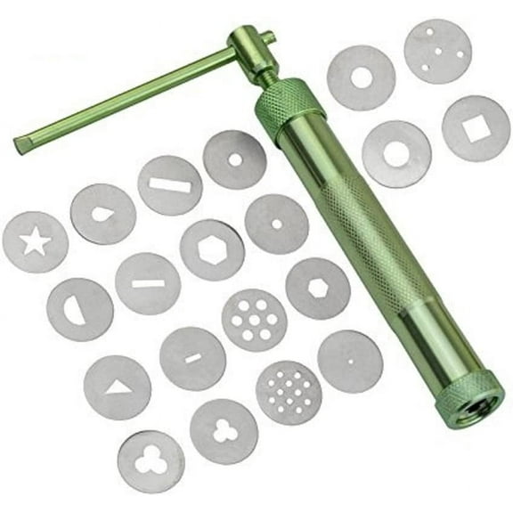 COMIART 20 Pcs Stainless Steel Green Crowded Mud Machine Polymer Clay Fimo Extruder Craft Gun Cake Fondant Sculpture Decorating Tool Set