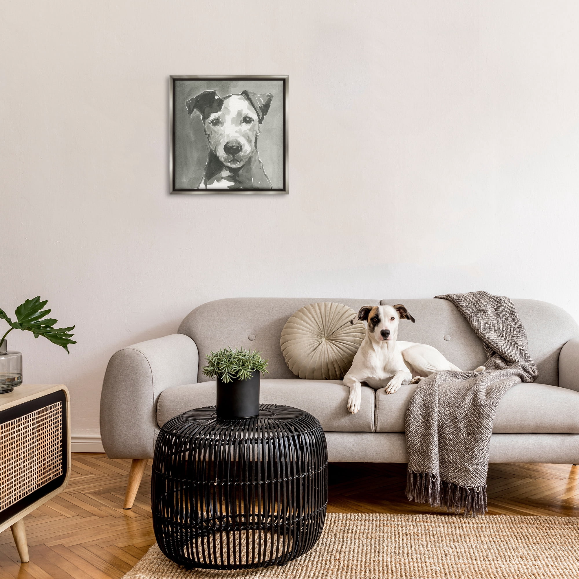 Stupell Industries Muted Dog with Quiet Expression Animals & Insects Painting Gray Floater Framed Canvas Art Print Wall Art, 25 x 25