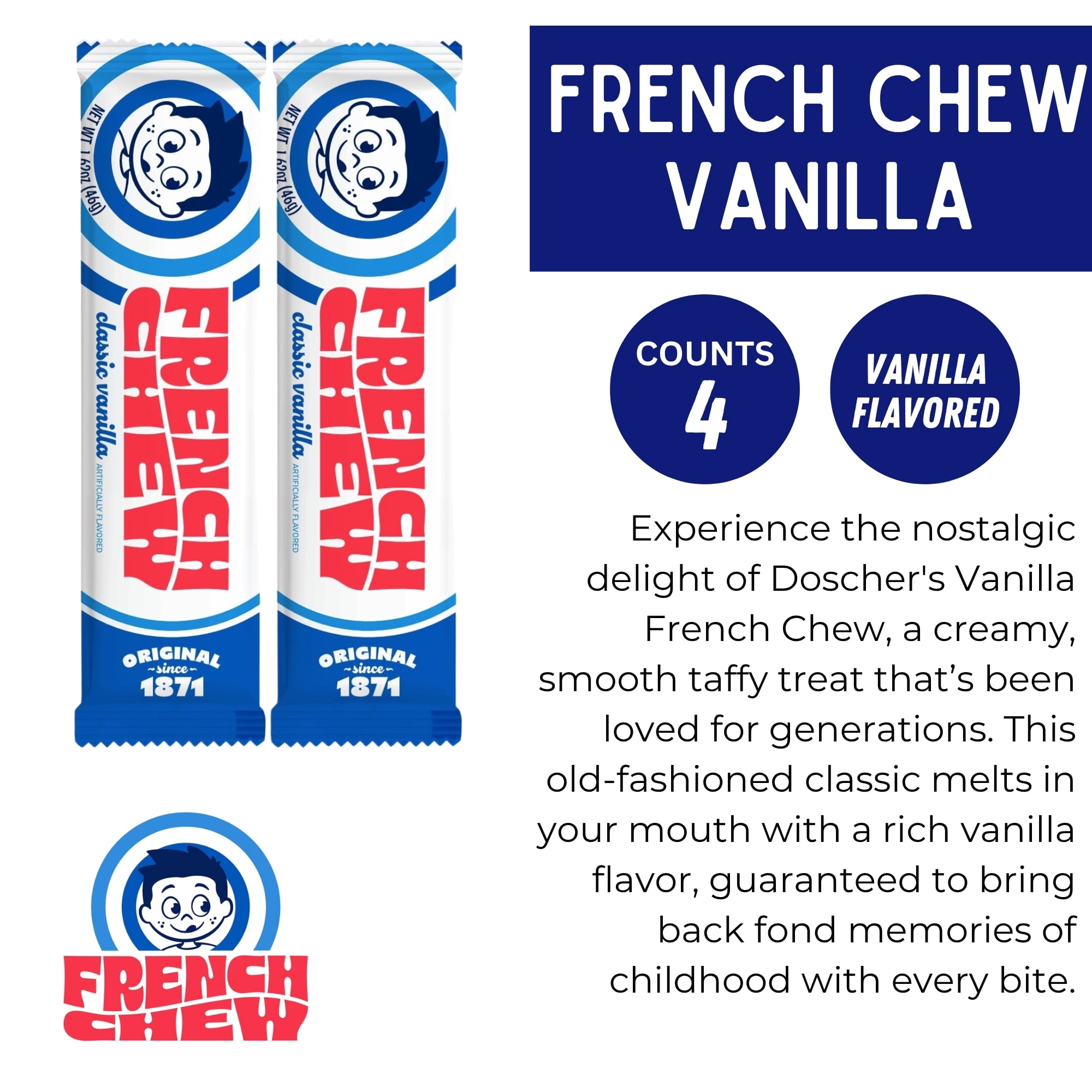 French Chew Taffy, Artificially Vanilla-Favored Chewy Taffy, Original Recipe, Pack of 4