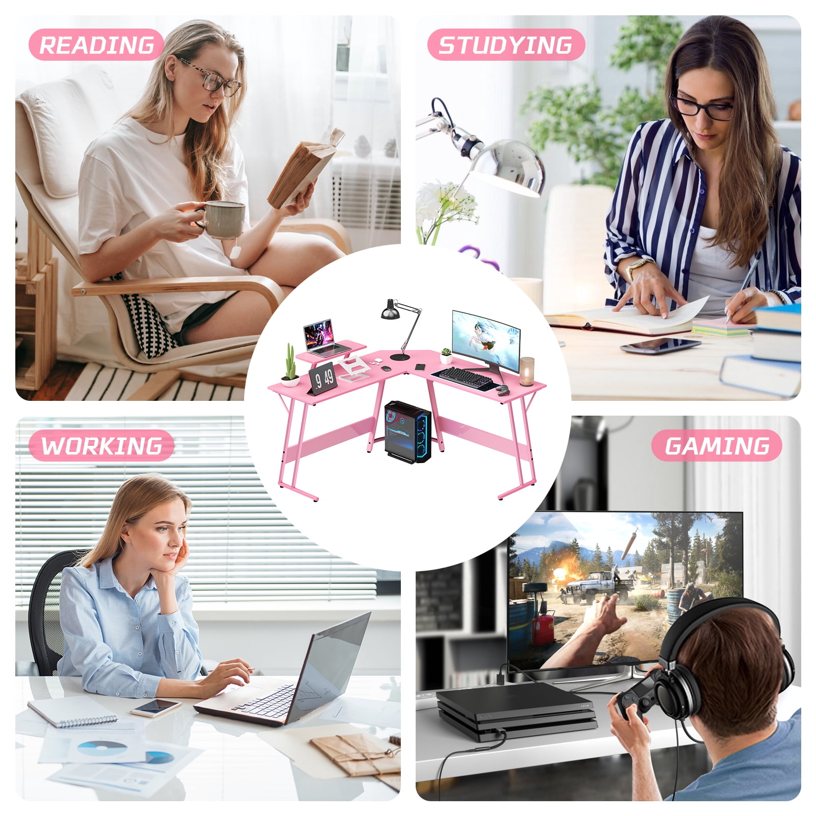 Dkelincs L Shaped Gaming Desk, 50.4" Corner Computer Desk PC Game Table with Monitor Stand Large Desktop for Home Office Study Writing Workstation, Pink