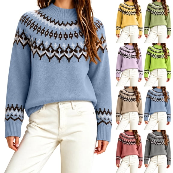 TARIENDY Mock Neck Sweater Women's Long Sleeve Wool Knit Pullover Tops Vintage Fair Isle Sweaters Fall Winter Warm Outfits L