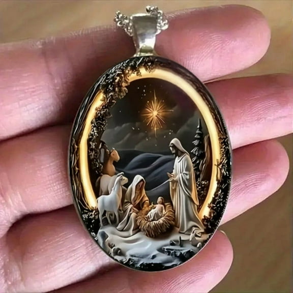 Iumwxz Nativity Scene Necklace Pendant with Stainless Steel Chain 4.5x3cm Detailed Cute Jewelry Featuring Mary Joseph Home Jesus in Manger Christmas Gift for Women Familys for Communion