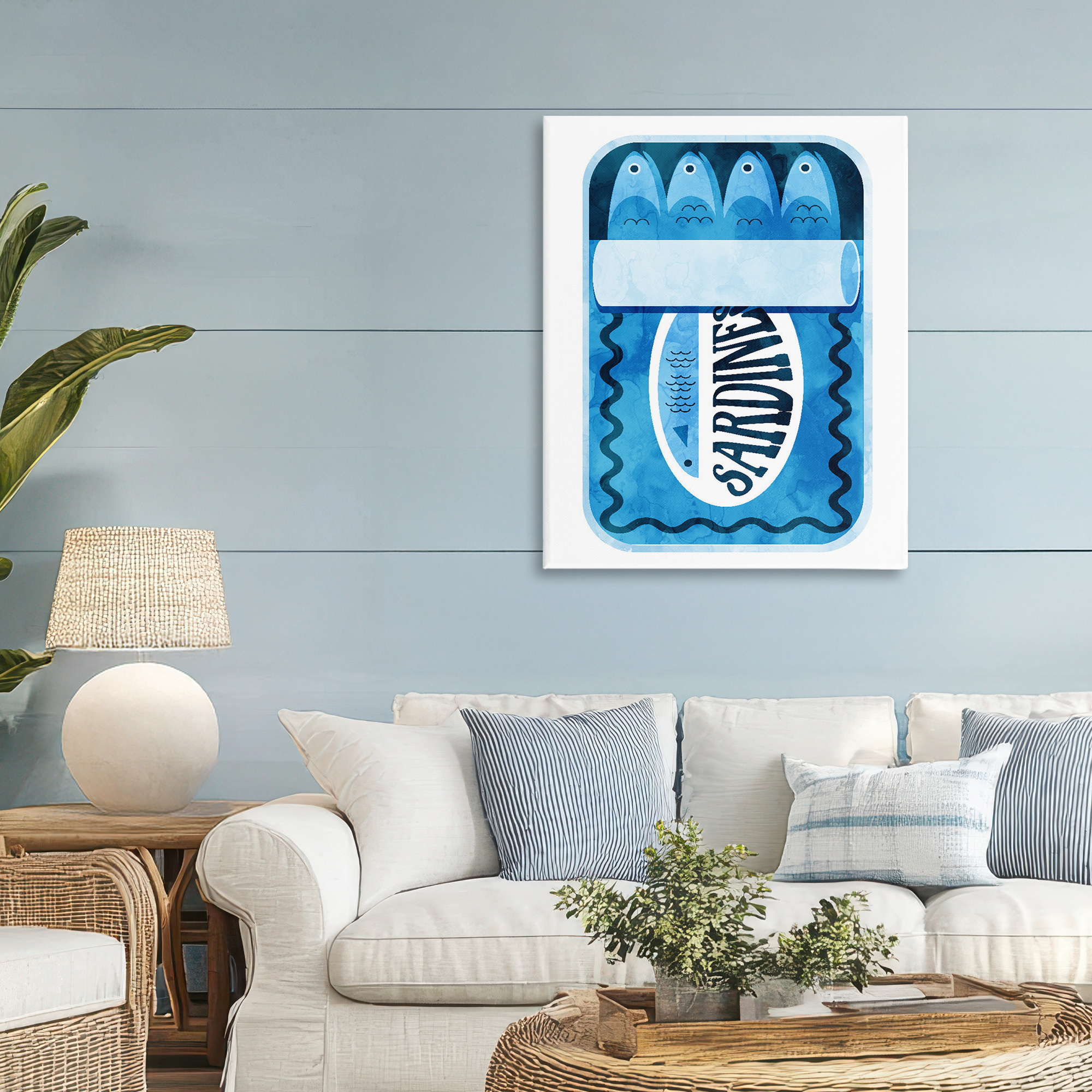 Retro Blue Sardine Tin Canvas Wall Art, design by Daphne Polselli