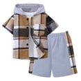 thumbnail image 2 of Toddler Boys Casual Outfit Sets Kids Plaid Print Patchwork Hooded Short Sleeve Shirt Tops With Shorts Two Piece Set Holiday Wear,Brown,8-9 Years, 2 of 6