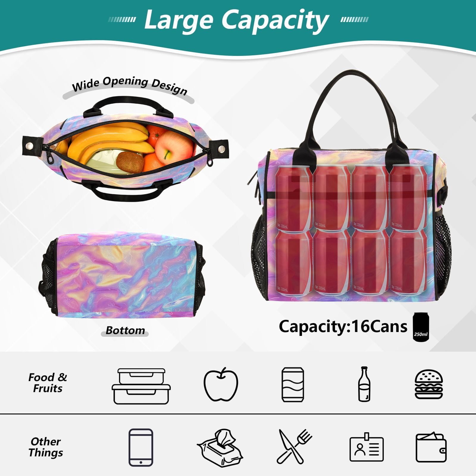 Ckdifva Colorful Hologram Waves Cooler Bag Cooler Cooling Tote Lunch Bag Lunch Box Front Pocket with Shoulder Strap