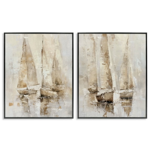 Stupell Industries Neutral Toned Sailboats Nautical & Beach Painting Black Framed Art Print Wall Art, 11 x 14, Set of 2