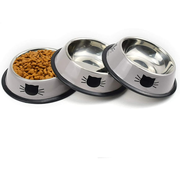Stainless Steel Cat Bowls, Food and Water Cat Dishes Non Slip Stackable Pet Bowl for Cat, Kitten, Puppy, Small Dog (3 Pack - Grey & Green )