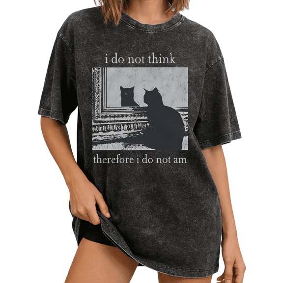 Washed Cat Shirt Graphic Tees Print Tshirt Shirts Black Washed Women Funny Quote Cat Reflection Tee Vintage Style Size S-2XL Casual Tops