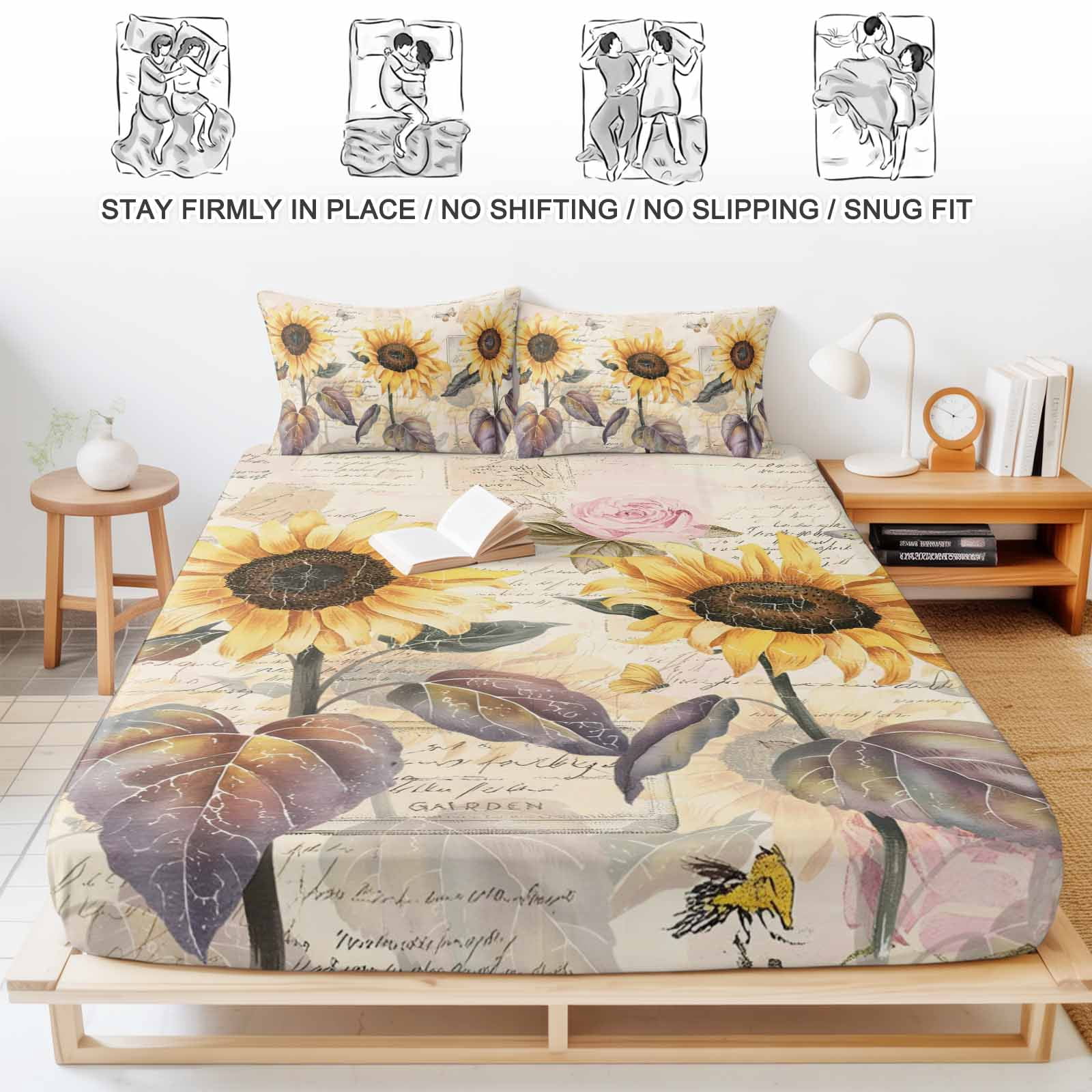 King Size Fitted Sheet Set - Sunflower Vintage 3 Piece Bedding Sets 16" Deep Pocket Fitted Sheet with 2 Pillowcases, Farmhouse Botanical Floral Butterfly Brushed Microfiber Hotel Luxury Bed Sheets