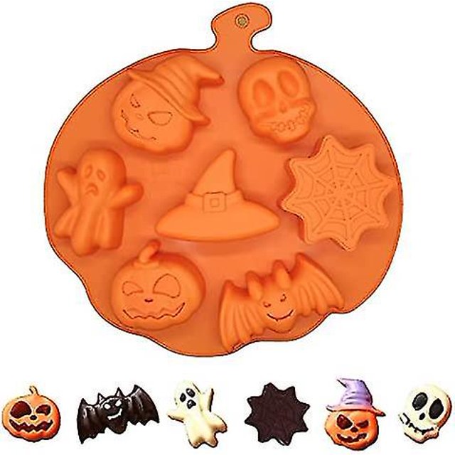 moldes de silicona de halloween molde para chocolate en forma de calabaza con 7 cavidades (sombrero de bruja, calavera, fantasma, murciélago, calabaza y telaraña), silicona naranja con asa para colgar, para hornear y decorar postres DIY en fiestas de Halloween.