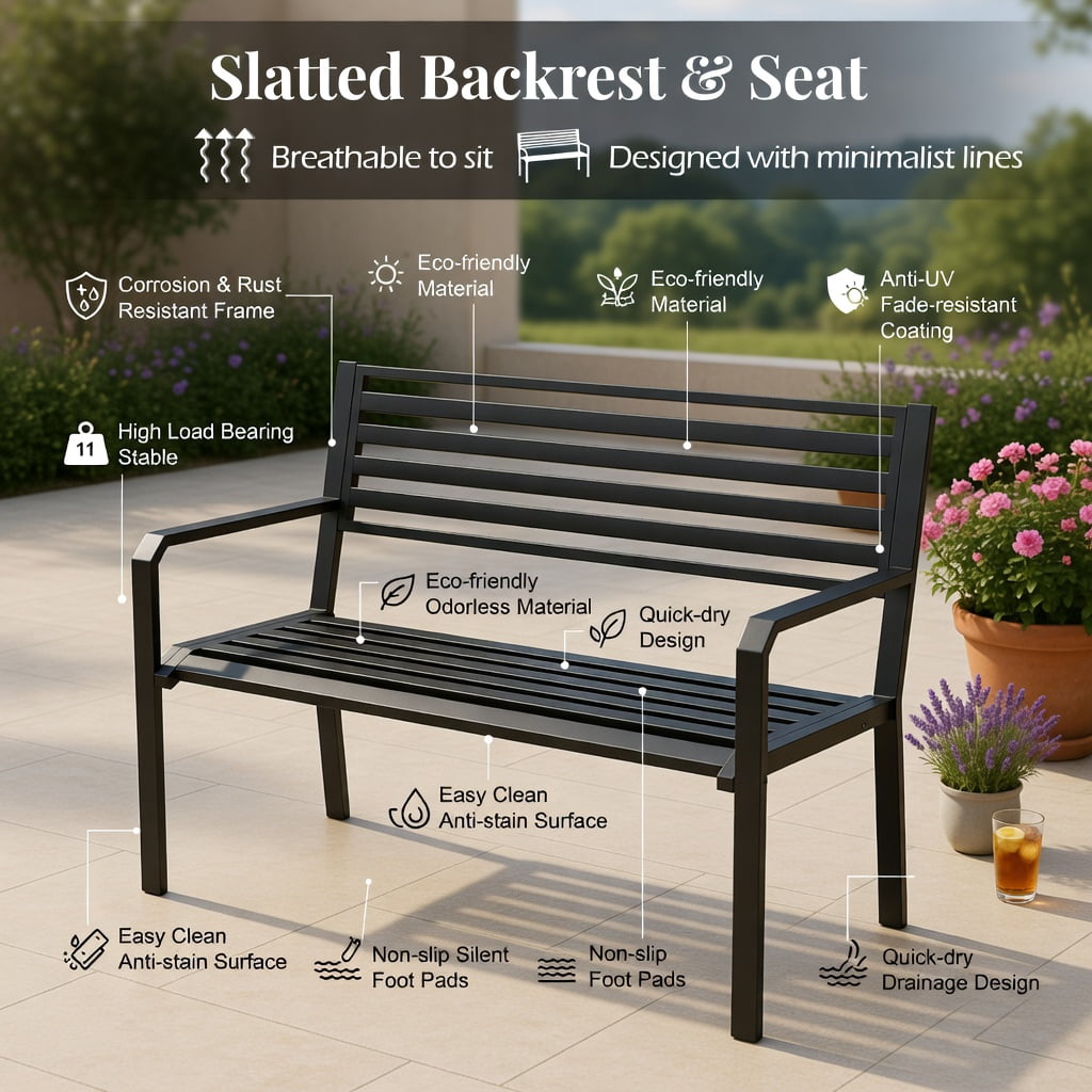 Hommoo 50" Heavy-Duty Outdoor Metal Patio Bench for 2-3 People, Slatted Garden Bench with Reinforced Frame & Non-Slip Feet, Black
