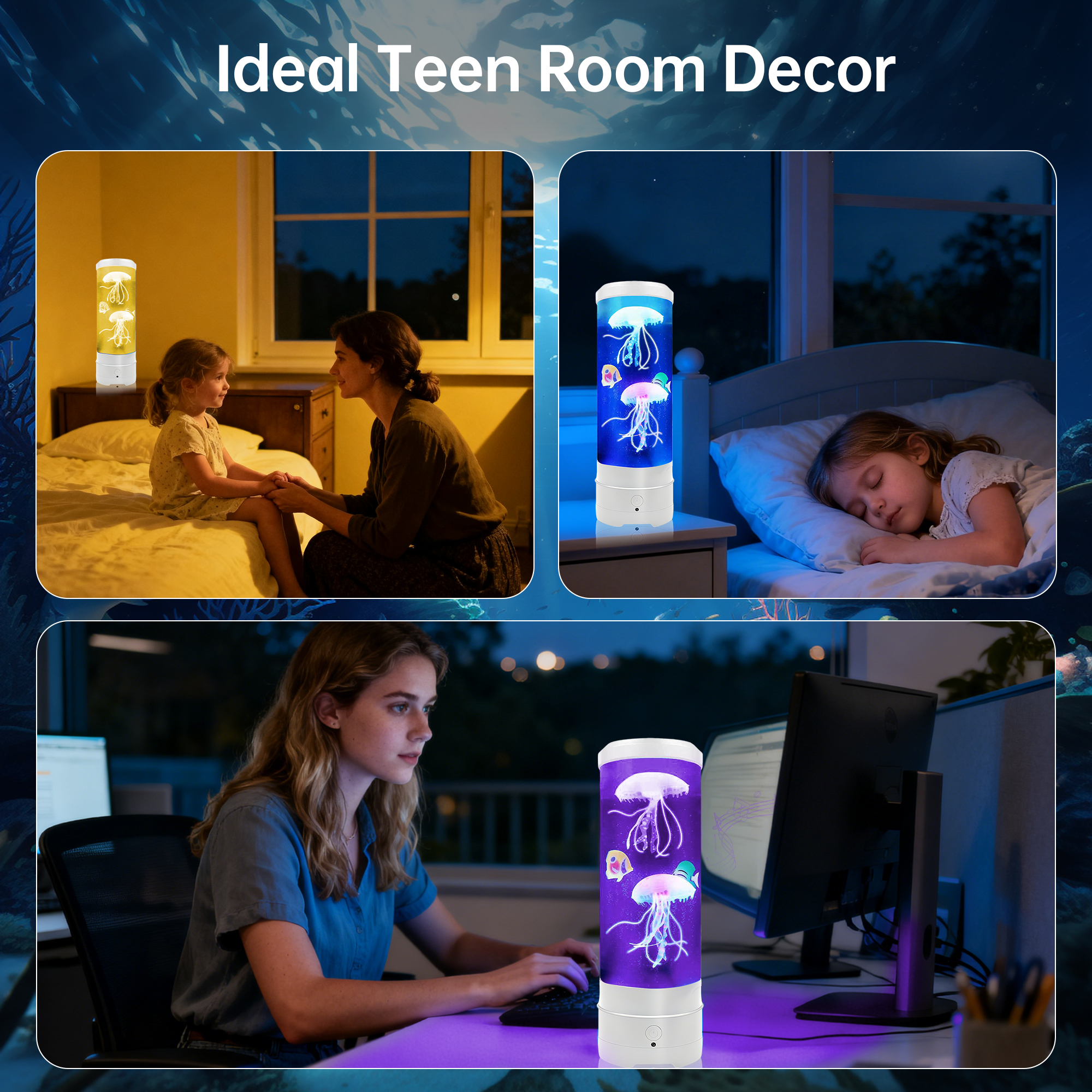 BravSco Jellyfish Lamp with Bluetooth Speaker, 17-Color Changing LED Table Light, 4 Lighting Modes, USB Powered, White, Teen Room Decor