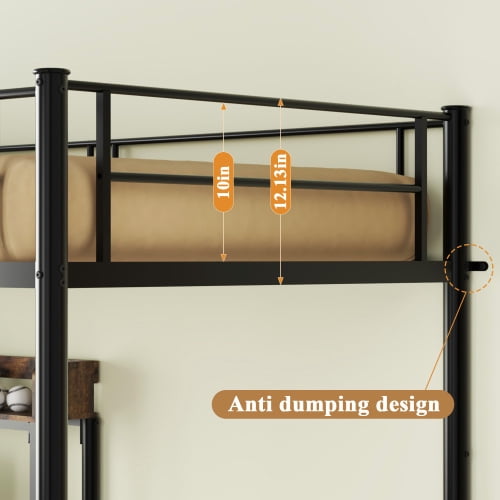 L-Shaped Twin Over Twin Metal Bunk Bed with Built-in Desk & Charging Station, Storage Shelves, Bookcase, Safety Guardrail and Ladder for Teens, Black