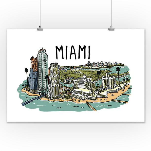 Miami Florida Line Drawing Lantern Press Artwork 12x18 Art Print Wall Decor Travel Poster Com - Miami Wall Decor