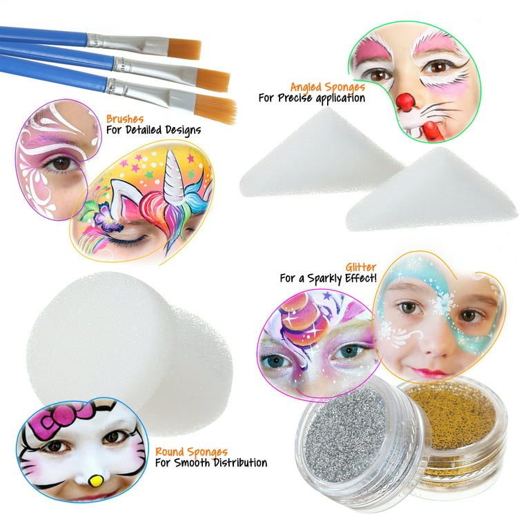 Glokers Face Paint Set - Face painting Kit Contains Cake Paints, Crayons,  Paint Brushes, Glitter, Sponges and Stencils - Sensitive Skin Face and Body