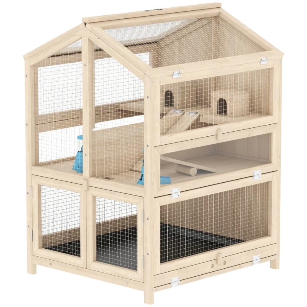 3-Tier Wooden Hamster Cage Small Animal Habitat with Clear PET Panels Slide-Out Tray & Lift-Up Mesh Top for Hamsters Gerbils Mice