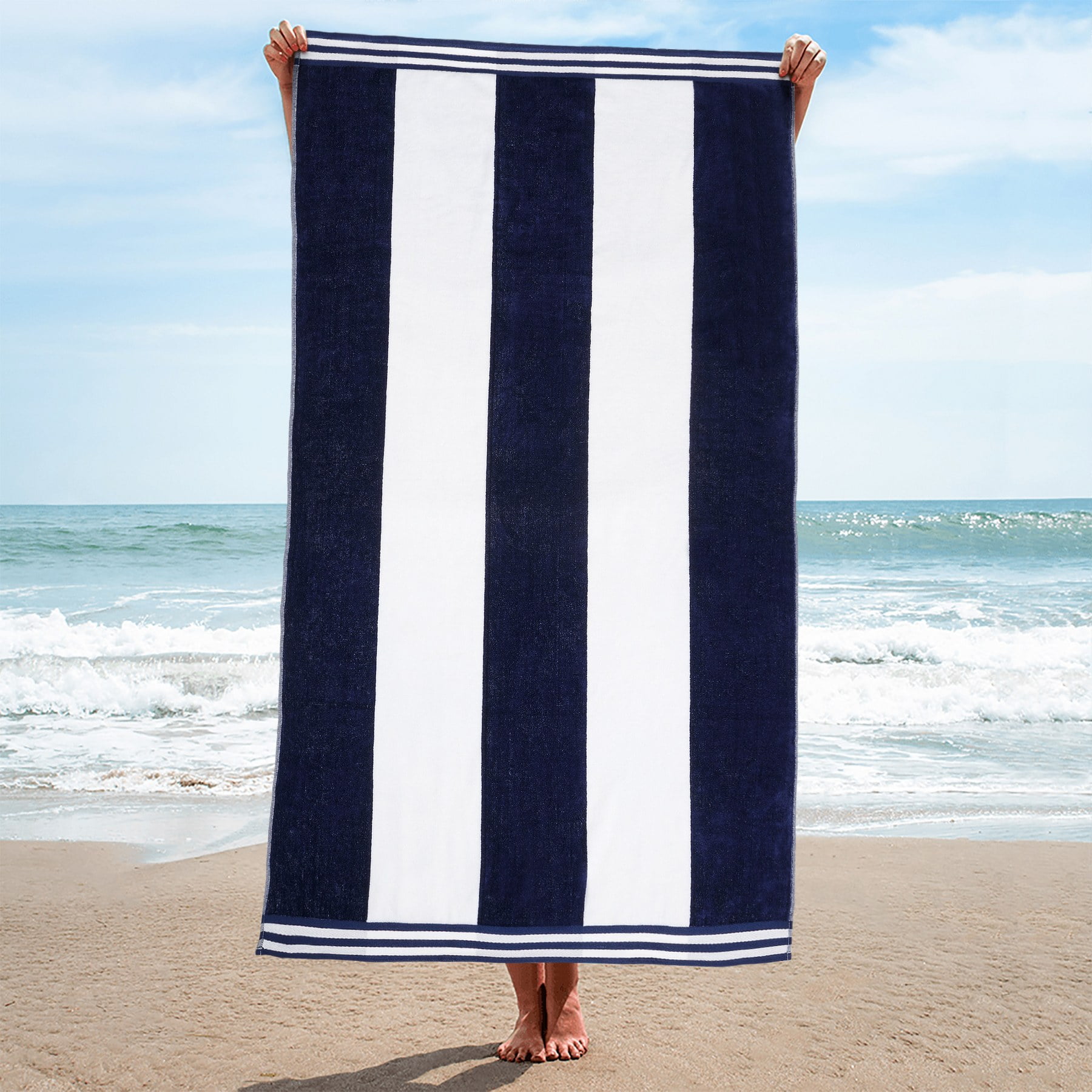 Superior Cabana Striped 1-Piece Oversized Cotton Beach Towel, Blue 