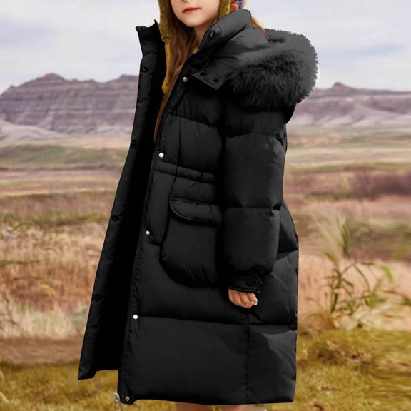 Winter Thickened Coat for Kids Girls Long Sleeve Hooded Puffer Jackets Casual Warm Long Windbreaker Kids Fashion Outerwear New Girl's Casual Jackets Black 15-16 Years