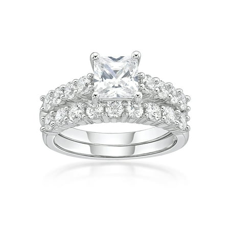 - Sterling Silver Squared Simulated Diamond Bridal Set Ring