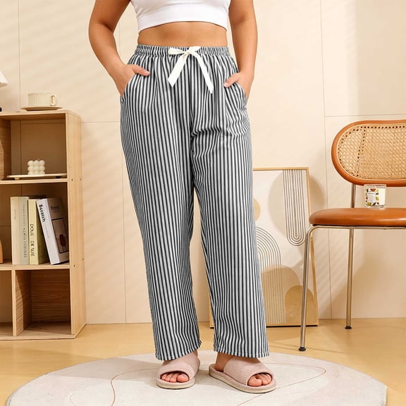 Ynynloco 100%Cotton Striped Pants Women Casual Wide Leg Drawstring Elastic Waist Kint Trousers Lounge Sweatpants with Pockets