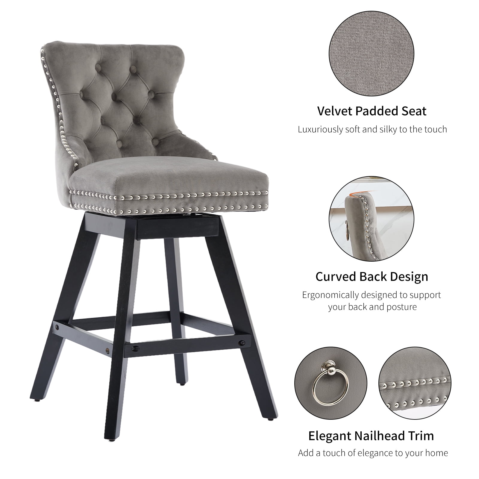 Modern Swivel Bar Stools Set of 4, Grey Counter Height Bar Stools with Back for Kitchen Island, Velvet Upholstered Island Chairs with Wood Legs, Barstool Chairs, Sillas para Barra de Cocina