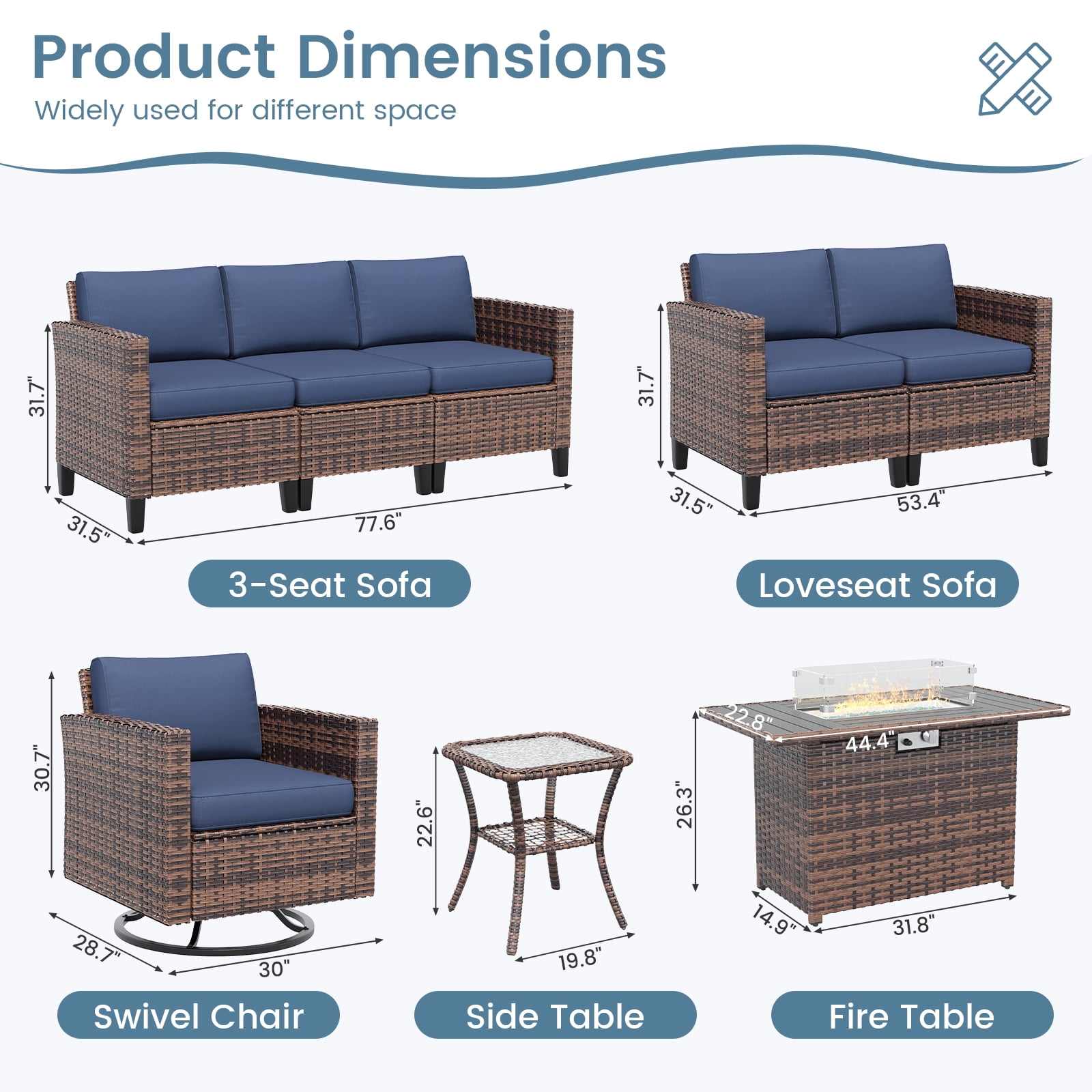 ELPOSUN Patio Furniture 7 Pieces Wicker Outdoor Sectional Sofa Sets, Rattan Conversation Set with Fire Pit Table, Swivel Chairs for Backyard, Pool, Beige/Navy Blue/Grey（Include Waterproof Covers ）