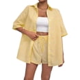 thumbnail image 3 of Womens Collar Casual Striped Short Sleeve Pants Set Two Piece Lounge Wear Summer Outfit Yellow Suit M, 3 of 9