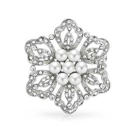 - White Simulated Pearl Flower Elegant Mum Brooch Pin Crystal Rhodium Plated