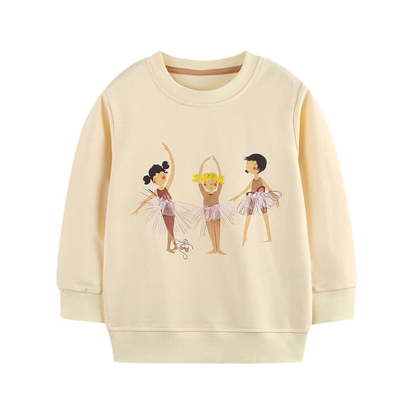 FAIOROI Little Girls Girls Ballet Dancer Sweatshirt - Soft Cotton Long Sleeve Crew Neck Beige Sweatshirt with Cute Graphic, 2-7 Years, 1PC Top for Daily Playdates & School,Size 6 T