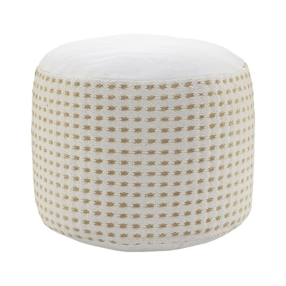 Laddha Home Designs 18" Tan and White Dashing Geometric Handcrafted Round Pouf Ottoman