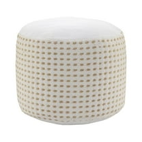 Laddha Home Designs 18" Tan and White Dashing Geometric Handcrafted Round Pouf Ottoman
