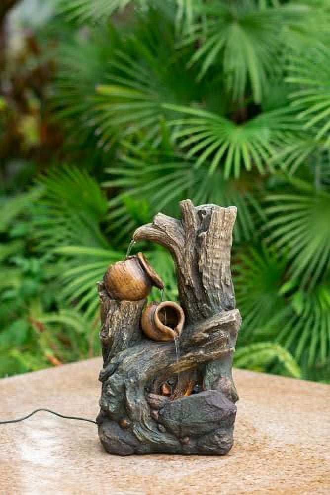 A&B Home 14" Polyresin Water Fountain with Cascading Pot Design and LED Light, Weather Resistant Water Feature, Indoor Outdoor Table Fountain
