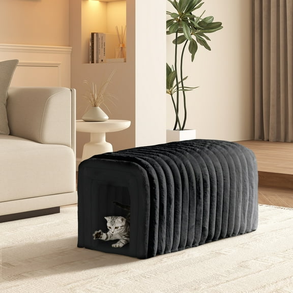 AENKYO Storage Ottoman Bench with Cat Hideaway, Plush Upholstered Footrest Seat with Hidden Compartment, Black