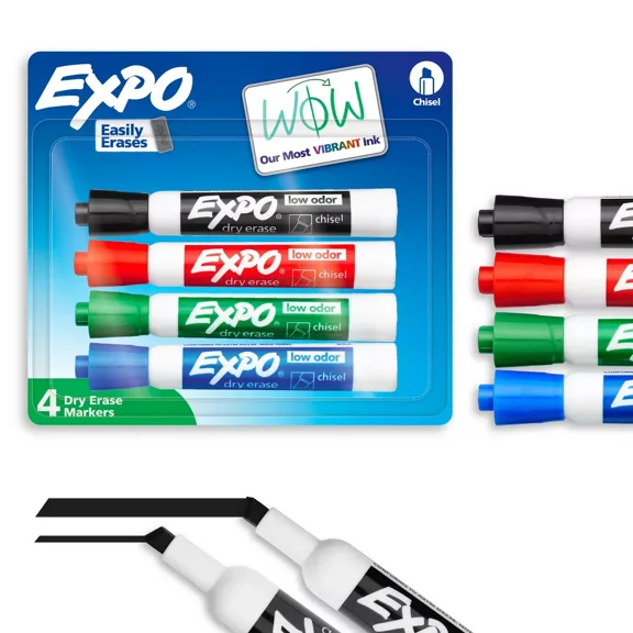 4pk Dry Erase Markers Chisel Tip Multicolored: Low-Odor Whiteboard Markers, Bold & Fine Point, Erasable, Ages 3