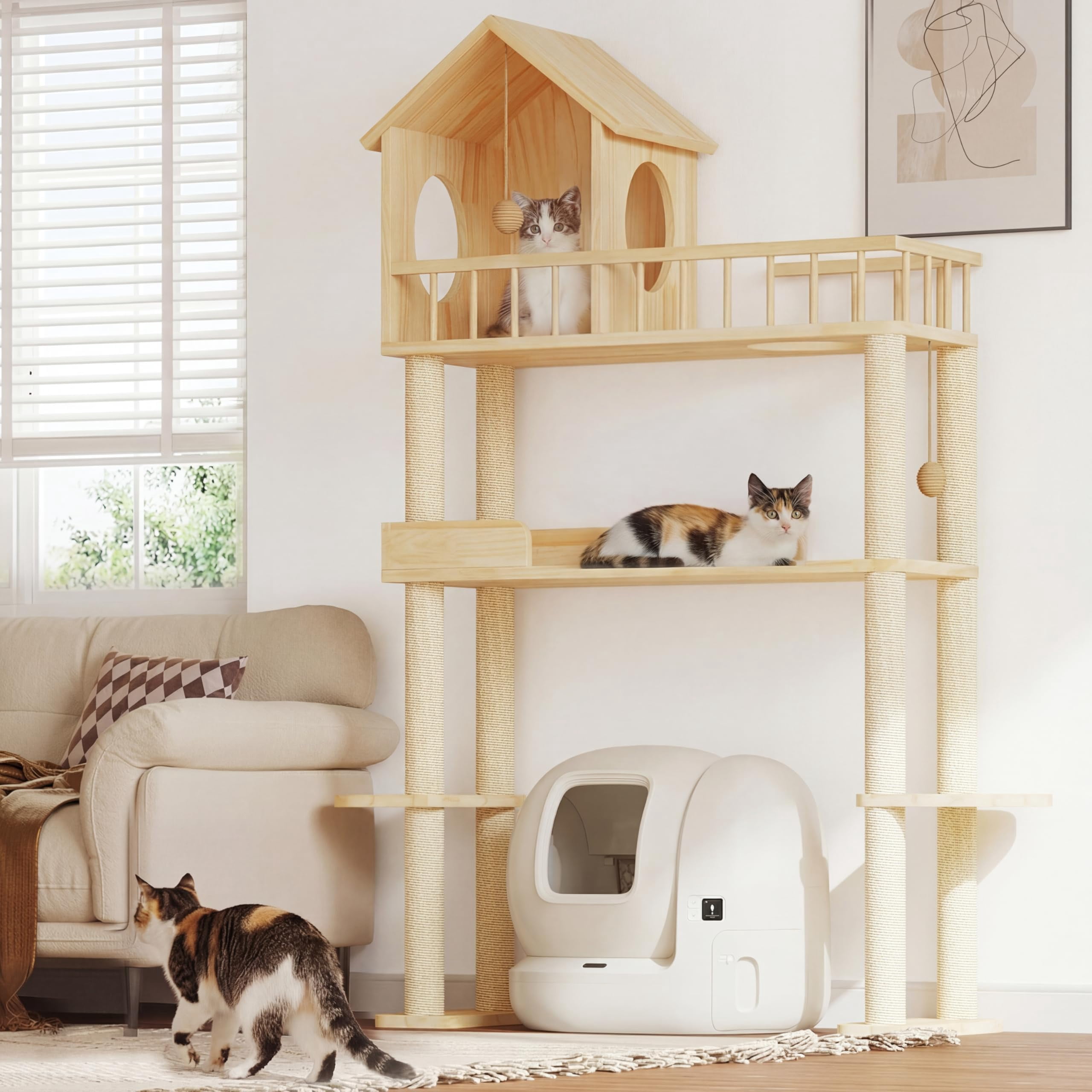 Wood Cat Tower For Automatic Litter Box  60"h Tree With Multi-level Solid Indoor Large Cats Tall Furniture W/cats House Burlywood
