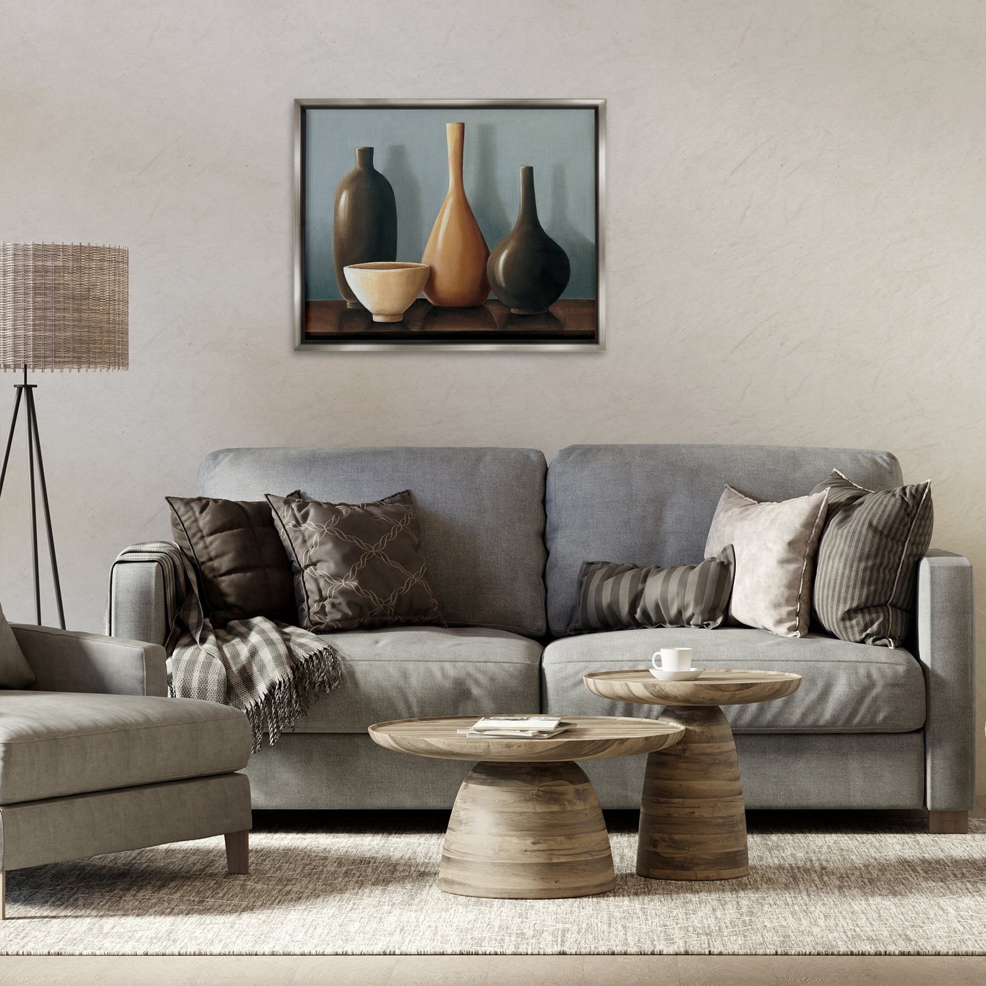 Stupell Industries Varried Pottery Still Life Furniture Painting Gray Floater Framed Canvas Art Print Wall Art, 31 x 25