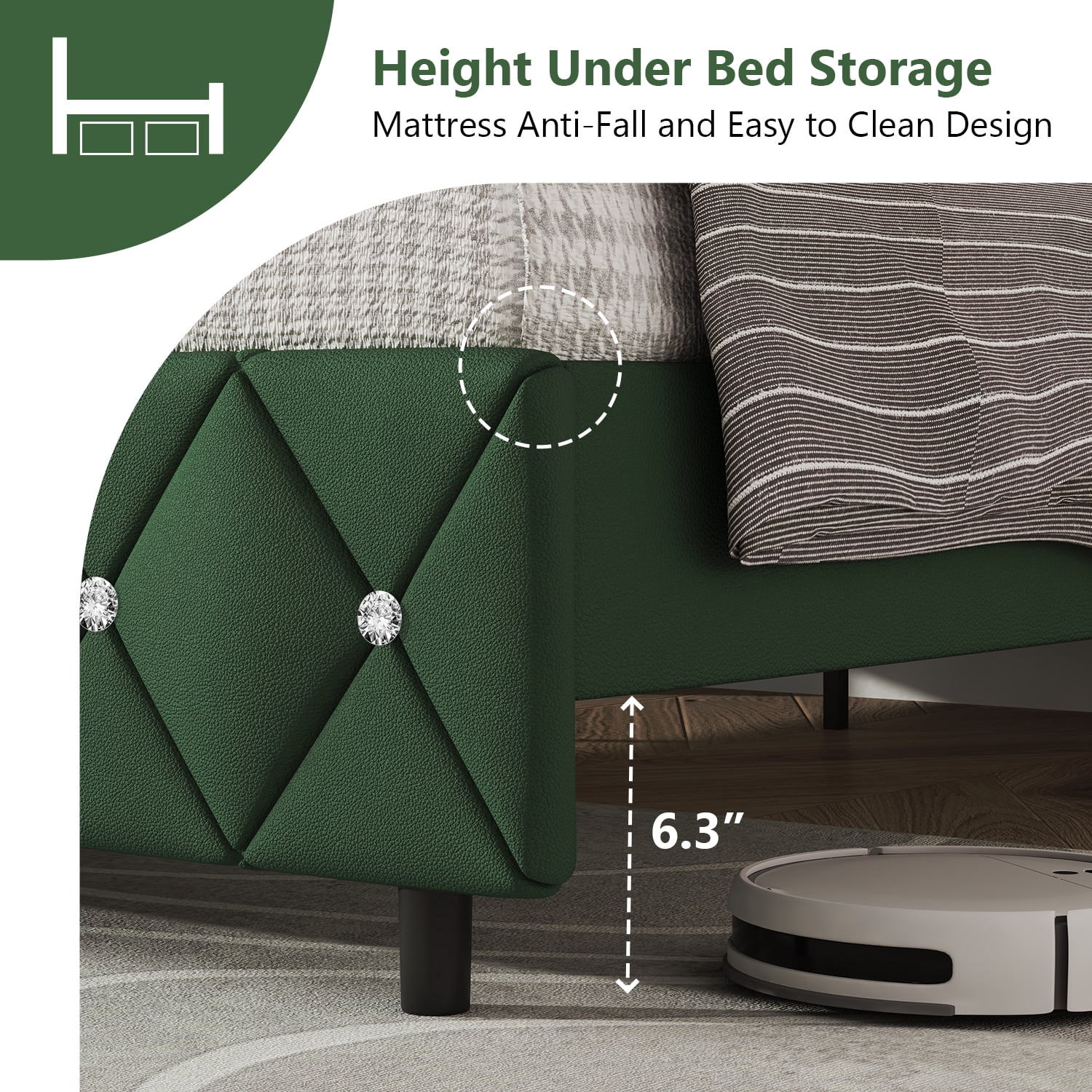 4 EVER WINNER King Bed Frame, Upholstered Platform Bed Frame with Headboard and Footboard, Diamond Headboard and Footboard Design, Green