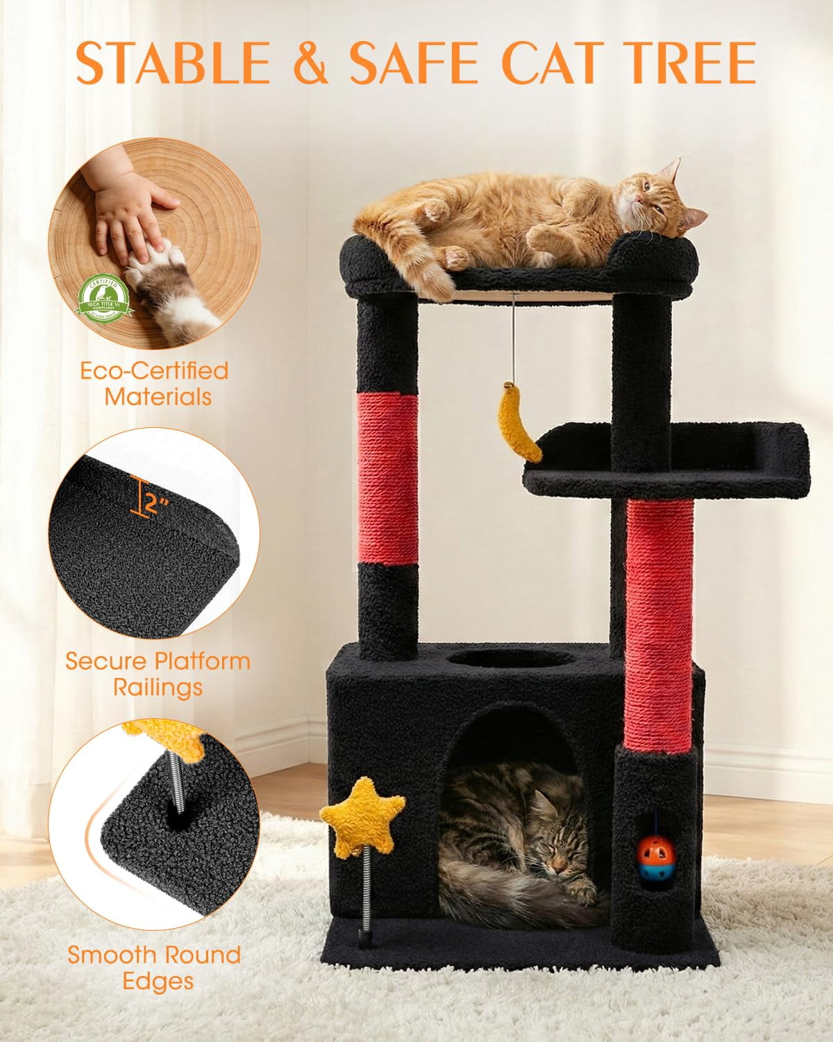 32in Cute Cat Tower For Indoor Cats With Condo  Plush Platform Hammock Sisal Posts Dangling Ball Tall Tree Self-grooming Brush (jet Black)