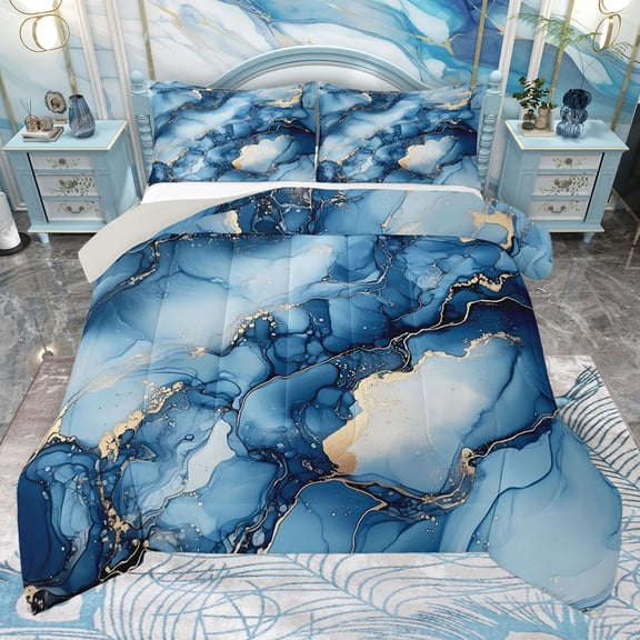 Erosebridal Blue Marble Full Size Comforter Sets, Gold Metalic Bedding Sets, Gray Reversible, 1 Comforter and 2 Pillowcases