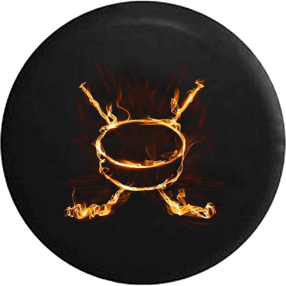 Flaming Realistic Fire Hockey Stick & Puck Spare Tire Cover for Jeep RV