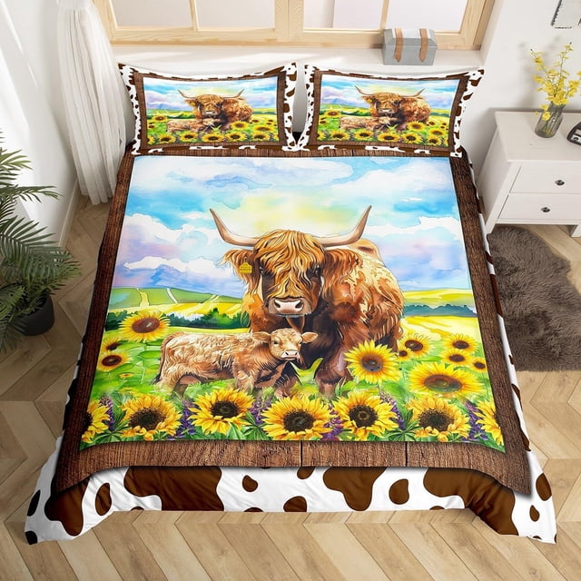 Juego de cama vaca Funda nórdica estampado vaca marrón, juego de cama girasoles chic King