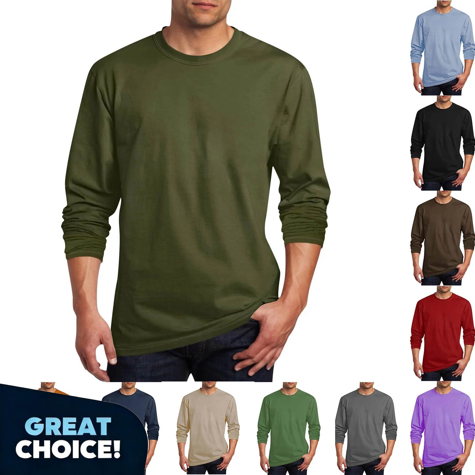 YODETEY George Menβs Classic Crew Neck Long Sleeve T-Shirt, Lightweight Everyday Casual Shirts for Mens ,Big and Tall Light Purple,Size XL