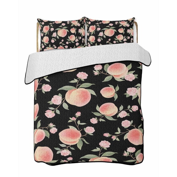Quilt King Size Bedding Set, Peach Reversible Summer Quilt 3 Pieces, Spring Floral Green Leaf Botanical Pink Fruit Black Lightweight Bedspreads Coverlets with 2 Pillow Shams for All Seasons