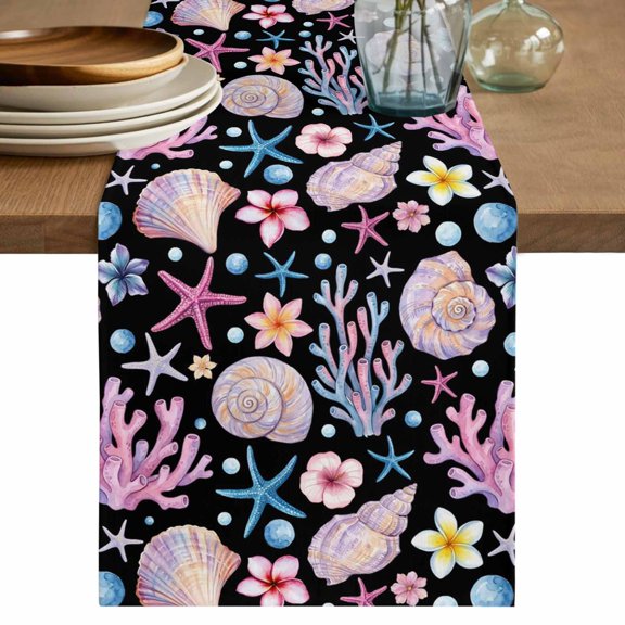 Beach Coastal Table Runner 72 Inches, Summer Nautical Shell Starfish Coral Black Bed Runner Dresser Scarves Tabletop for Indoor Outdoor Parties/Ceremony/Banquet, 14" x 72"