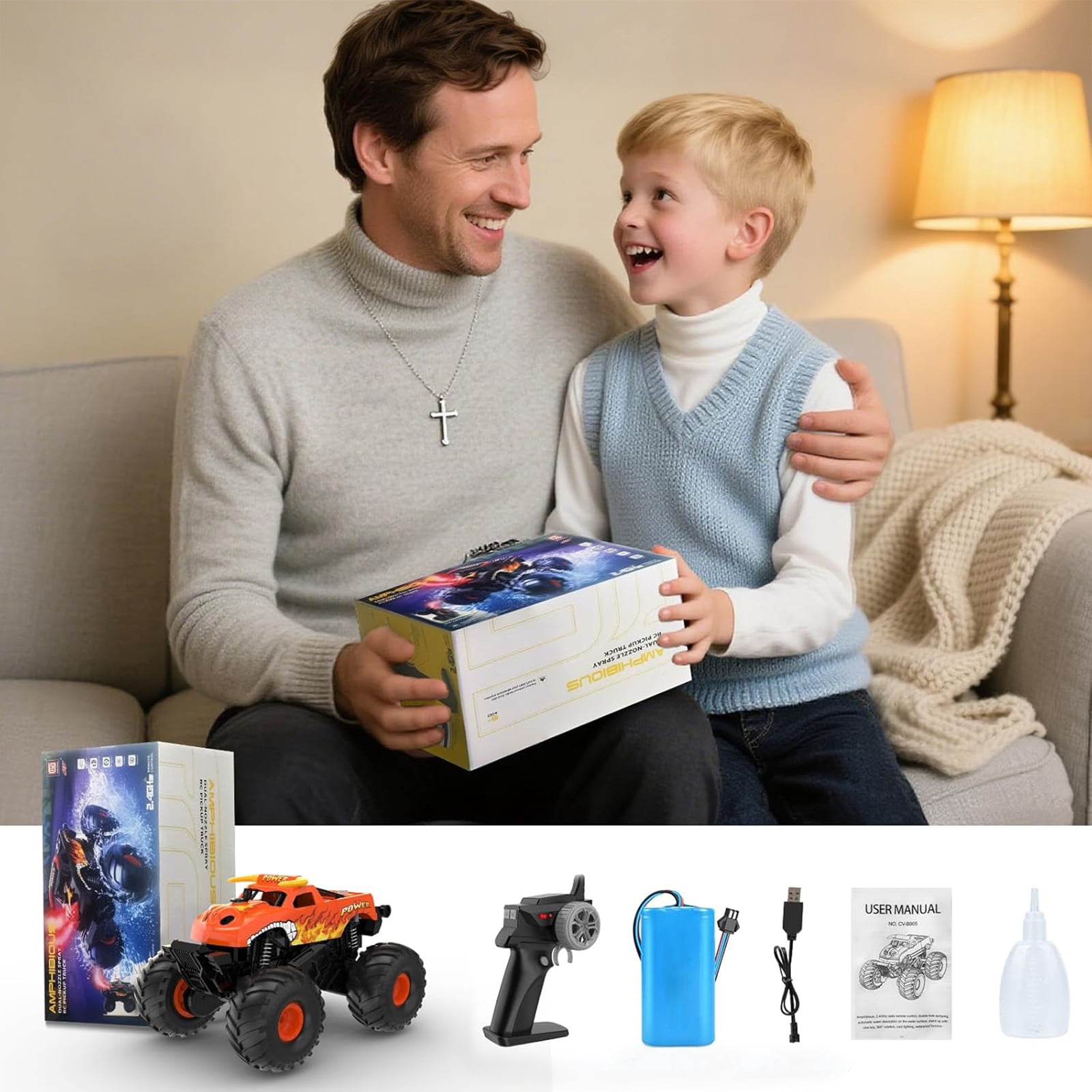 VKFVKF 1:16 Waterproof Remote Control Monster Truck - 4WD Amphibious All Terrain RC Car, Off-Road Toy Truck with Rechargeable Battery, Gift for Kids