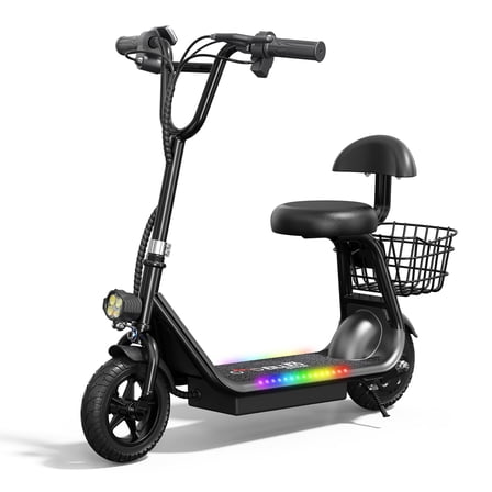 Electric Scooter for Kids - Bluetooth Speaker Foldable Scooter with Seat & Carry Basket & LED Light Strip, 11MPH 132lbs Max Load E Mopeds